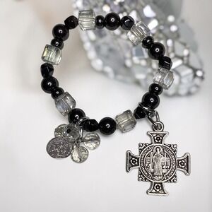 Hematite and Crystal Saint Benedict Cross Religious Stretch Bracelet Black Clear